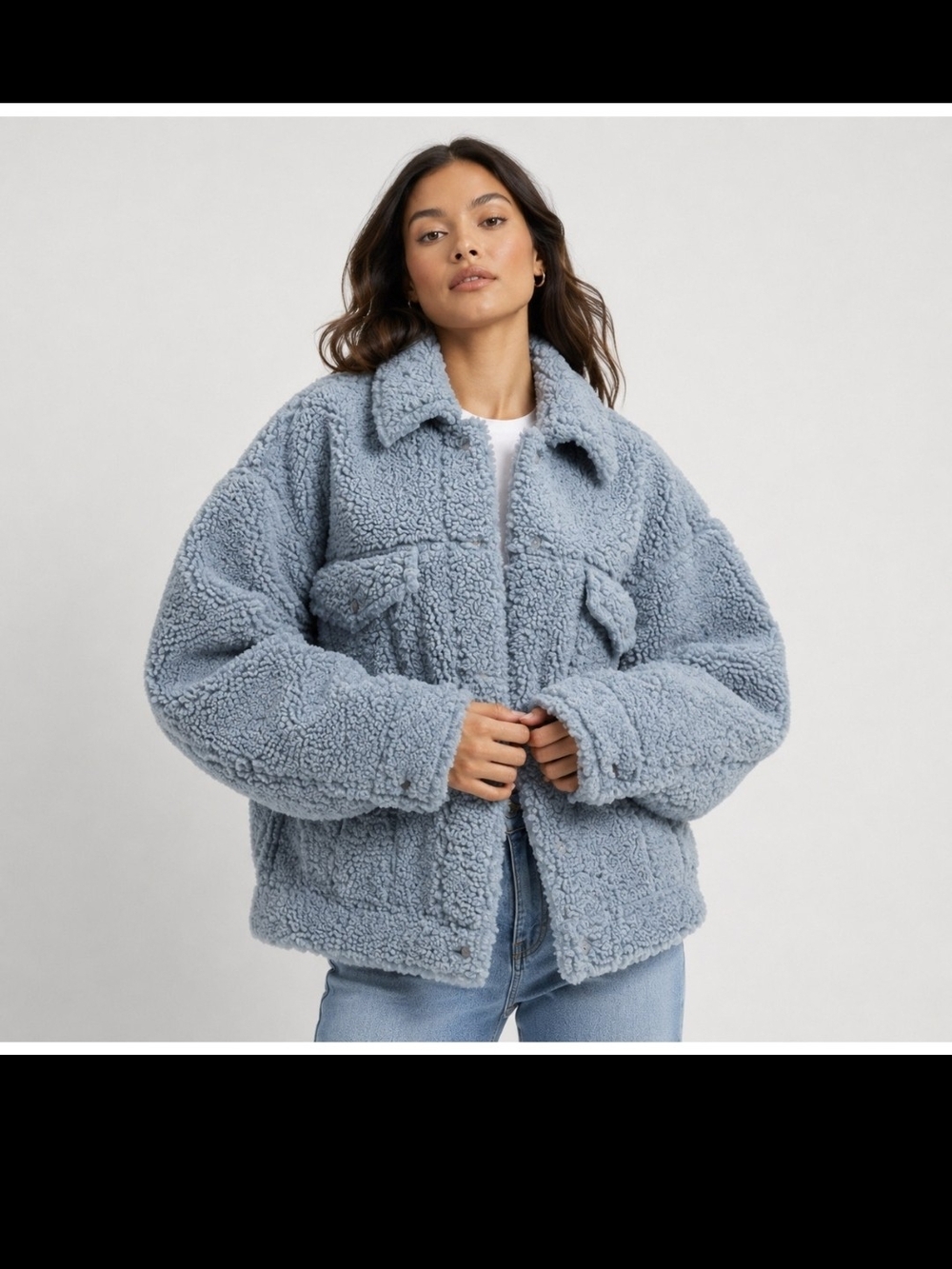 Good American 90s Sherpa Trucker Jacket Blue Fog Teddy Coat XL